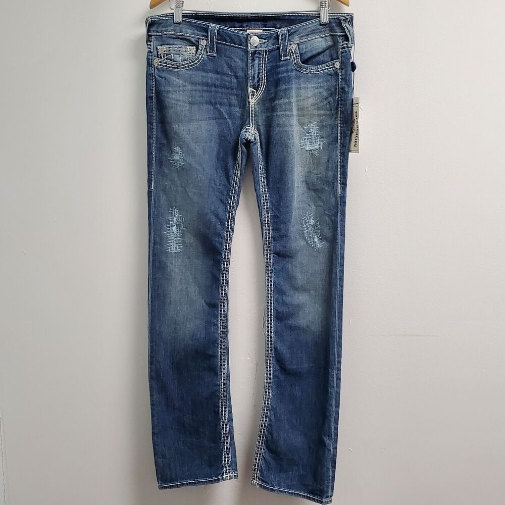 True Religion Jeans Women's 31 Blue Straight Leg Distressed White Stitches Denim